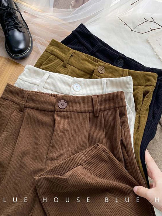 Dark Academia Coffee Corduroy Pants - High Waist Vintage