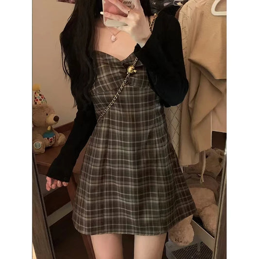 Dark Academia Plaid Dress - Preppy Cardigan