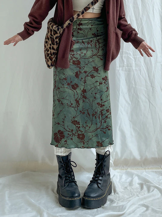 Dark Academia Green Floral Skirt - Vintage Mid-Calf Style