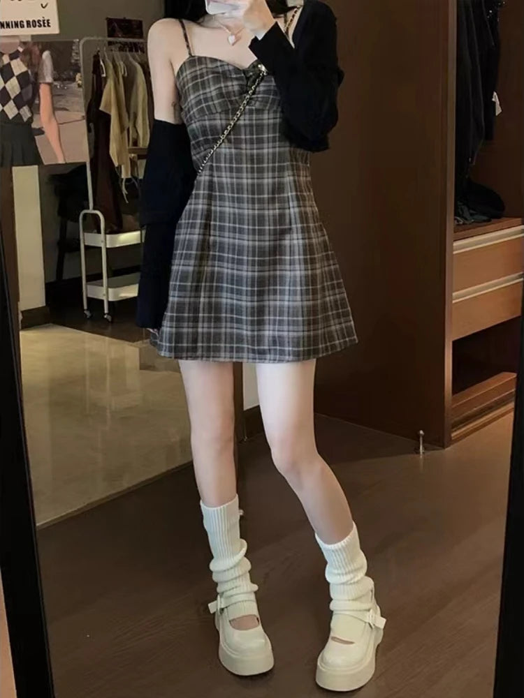Dark Academia Plaid Dress - Preppy Cardigan