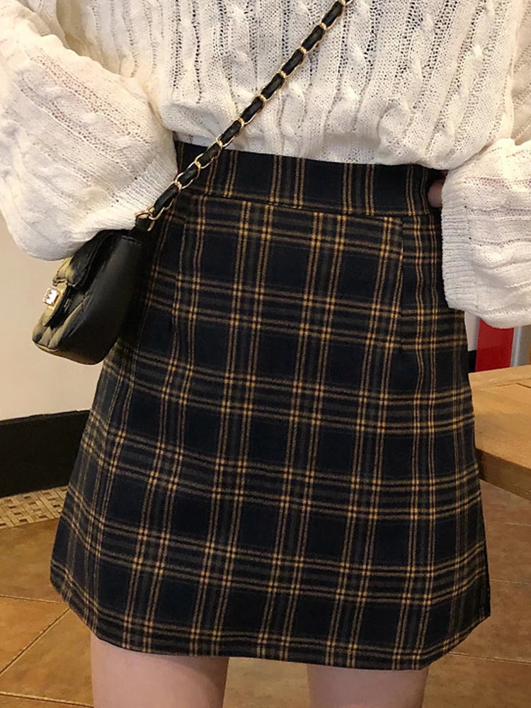 Dark Academia Retro Plaid Mini Skirt - High Waist A-Line