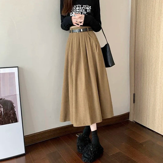 Dark Academia Corduroy Pleated Skirt - High Waist Midi