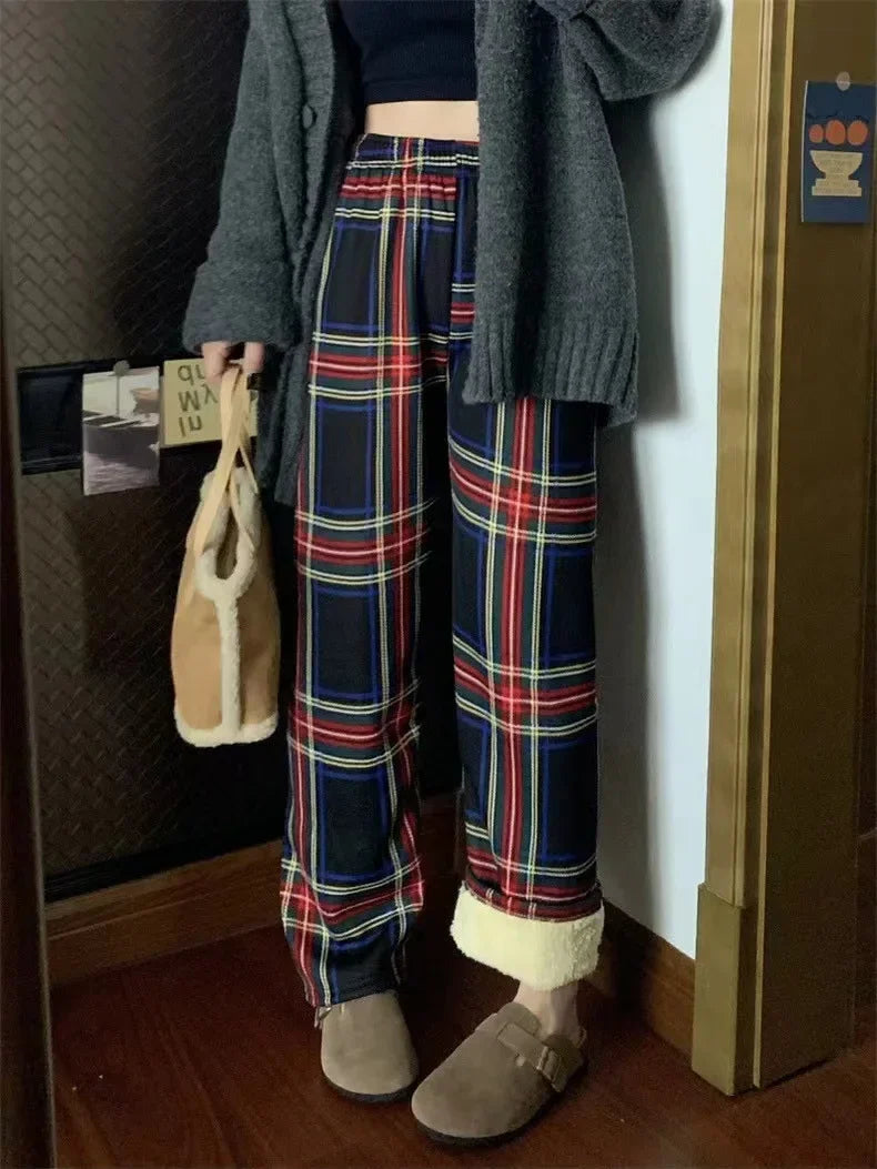Dark Academia Plaid Wide Leg Pants - Winter Casual Style