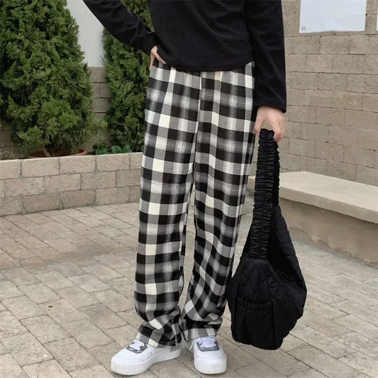 Dark Academia Plaid Wide Leg Pants - Winter Casual Style