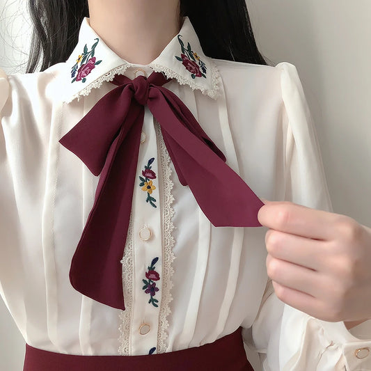 Dark Academia Embroidered Blouse - Sweet Bowknot