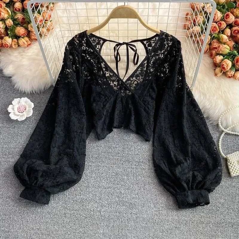 Dark Academia Lace Hollow Blouse - V-Neck Puff