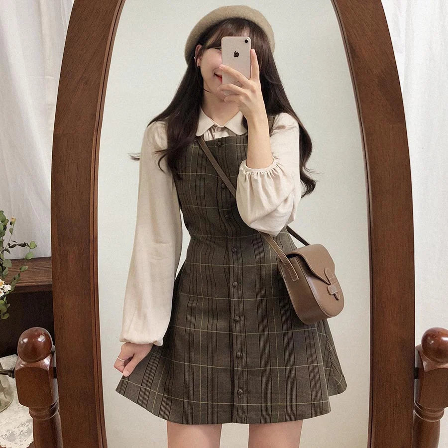 Dark Academia Preppy Plaid Shirt Dress - A-Line Spring