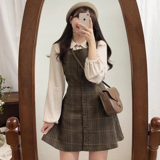 Dark Academia Preppy Plaid Shirt Dress - A-Line Spring