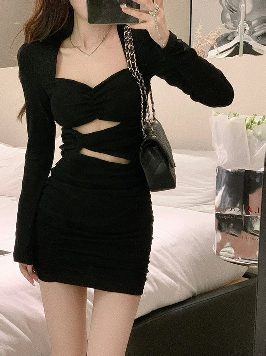 Dark Academia Black Bodycon Dress - Elegant Office Mini