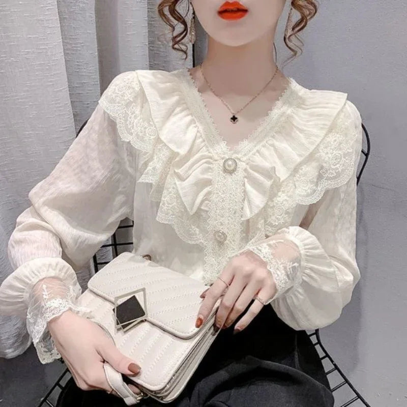 Dark Academia Trendy Chiffon Blouse - Lace Vintage