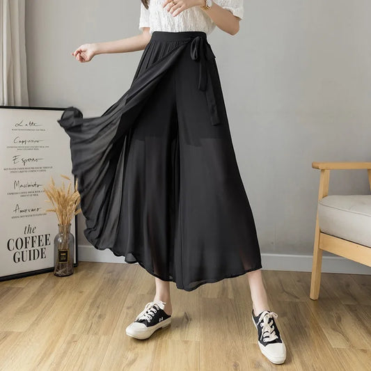 Dark Academia Pleated Wide Leg Pants - High Waist Chiffon