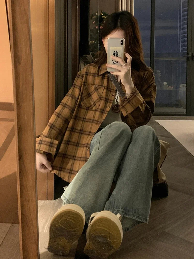 Dark Academia Plaid Shirt - Vintage Long Sleeve