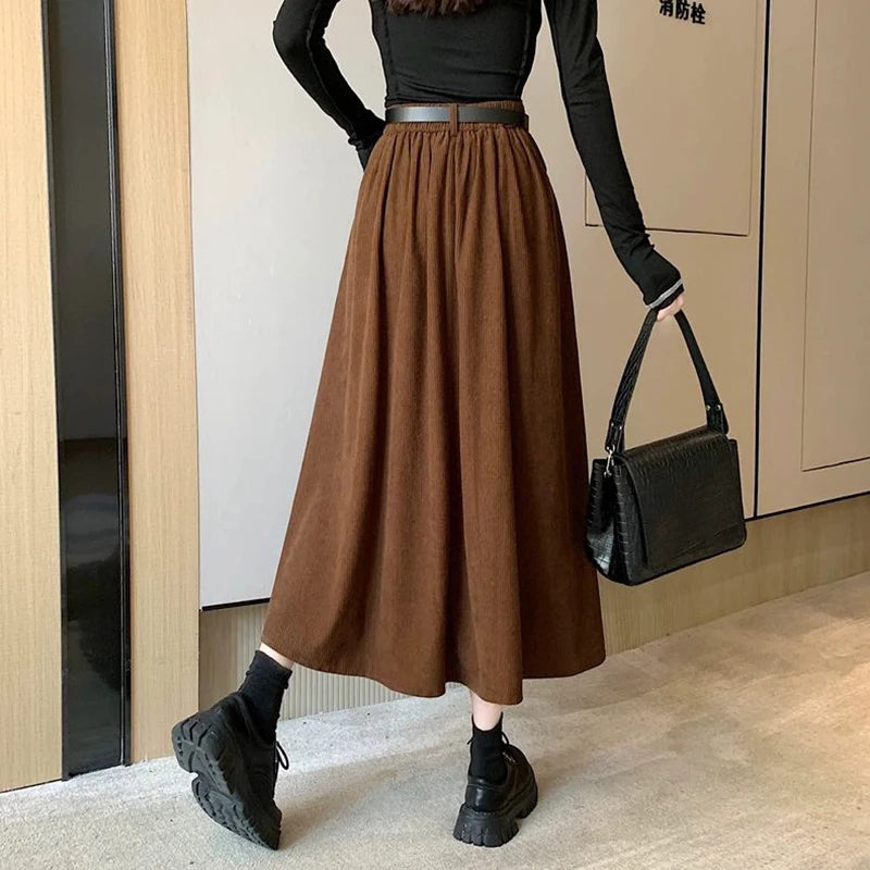 Dark Academia Corduroy Pleated Skirt - High Waist Midi