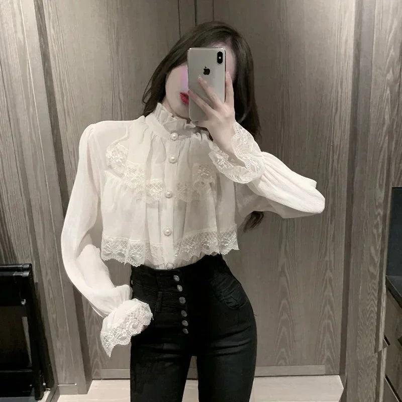 Dark Academia Trendy Chiffon Blouse - Lace Vintage