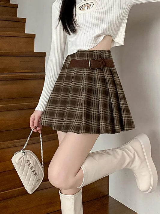 Dark Academia Coffee Plaid Wool Mini Skirt - High Waist