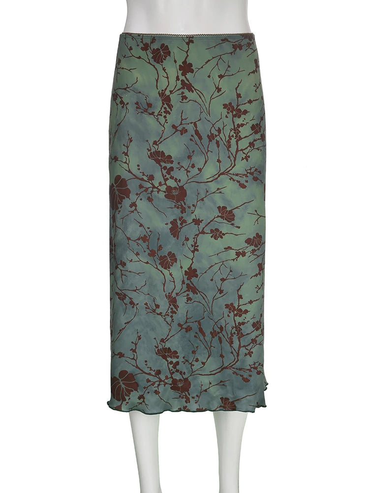 Dark Academia Green Floral Skirt - Vintage Mid-Calf Style