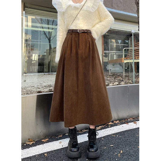 Dark Academia Corduroy Midi Skirt - High Waist Belt Style