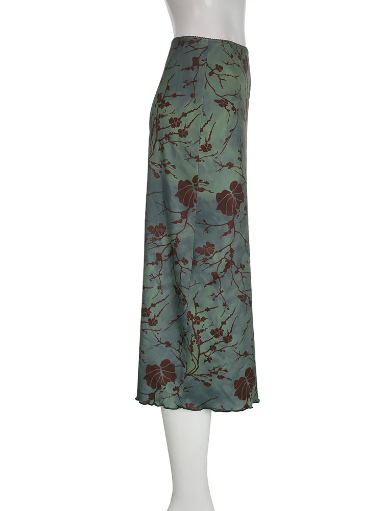Dark Academia Green Floral Skirt - Vintage Mid-Calf Style