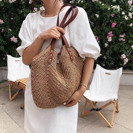 Dark Academia Straw Woven Tote - Rattan Beach