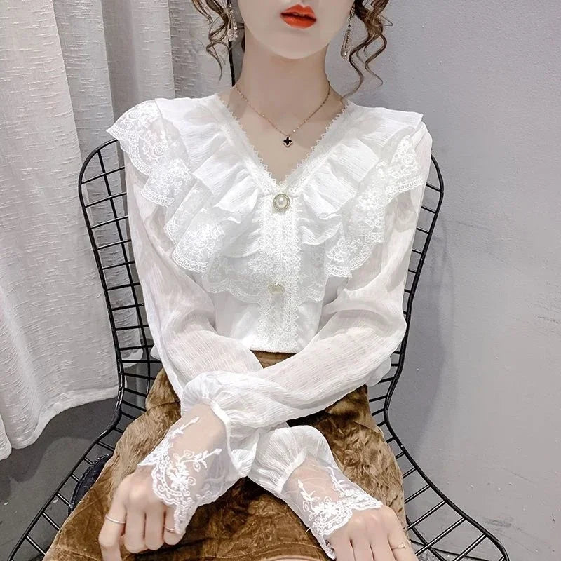 Dark Academia Trendy Chiffon Blouse - Lace Vintage