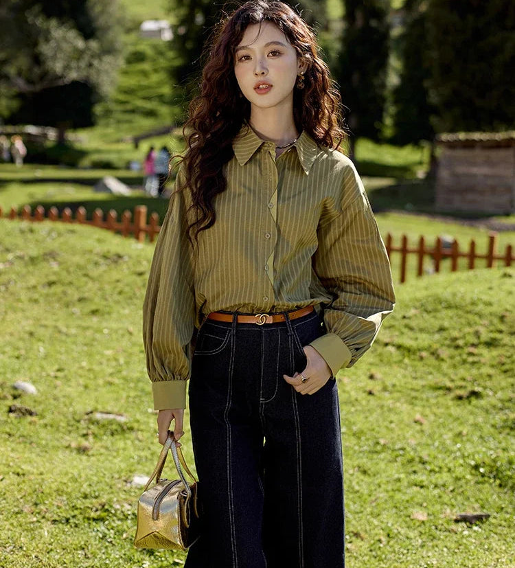 Dark Academia Striped Shirt - Contrasting Cuffs