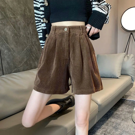 Dark Academia Corduroy Wide Shorts - College Y2K