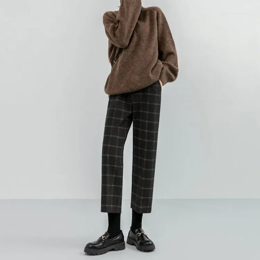 Dark Academia Plaid Woolen Pants - Straight Leg Trousers
