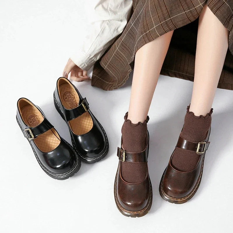Dark Academia College Shoes - Thick Sole Cowhide