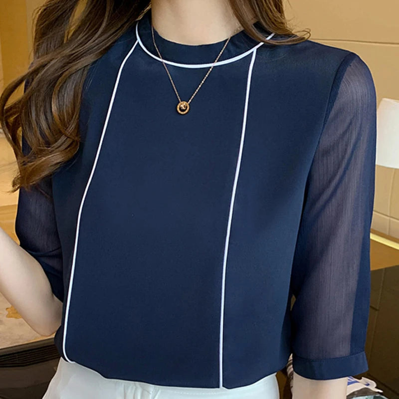 Dark Academia Blue Chiffon Blouse - O-Neck