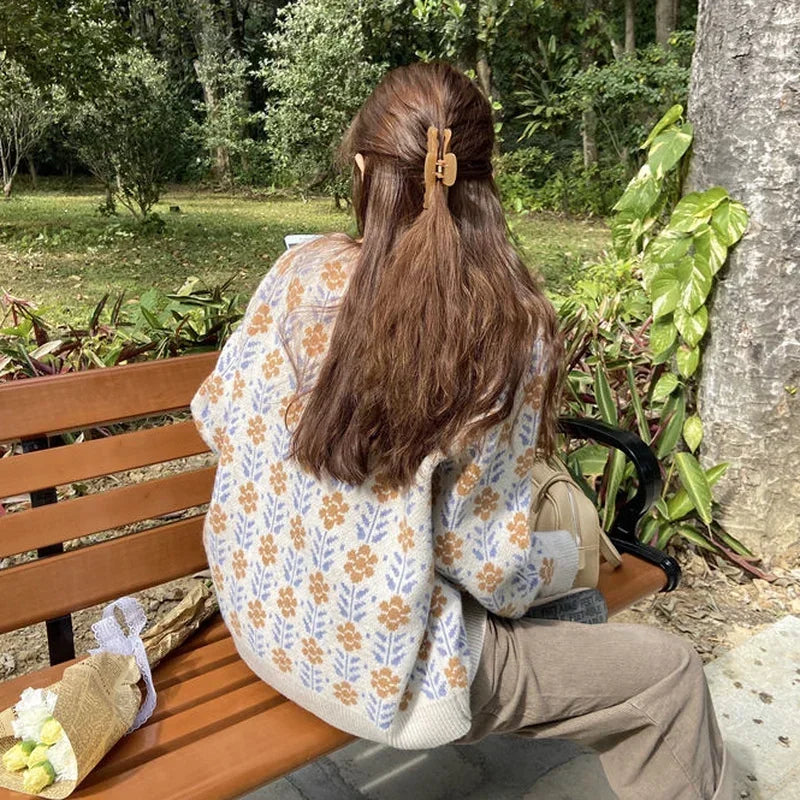 Dark Academia Floral O-Neck Cardigan - Sweet Retro