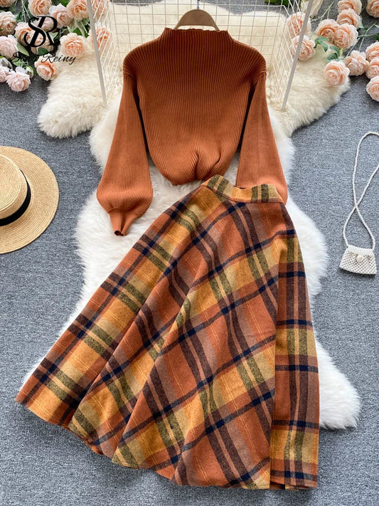 Dark Academia Retro Sweater Set - Knit Top Long Skirt