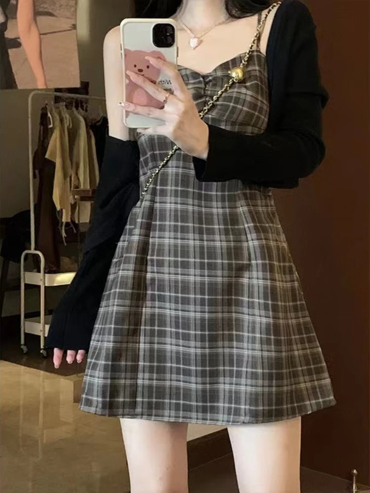 Dark Academia Plaid Dress - Preppy Cardigan