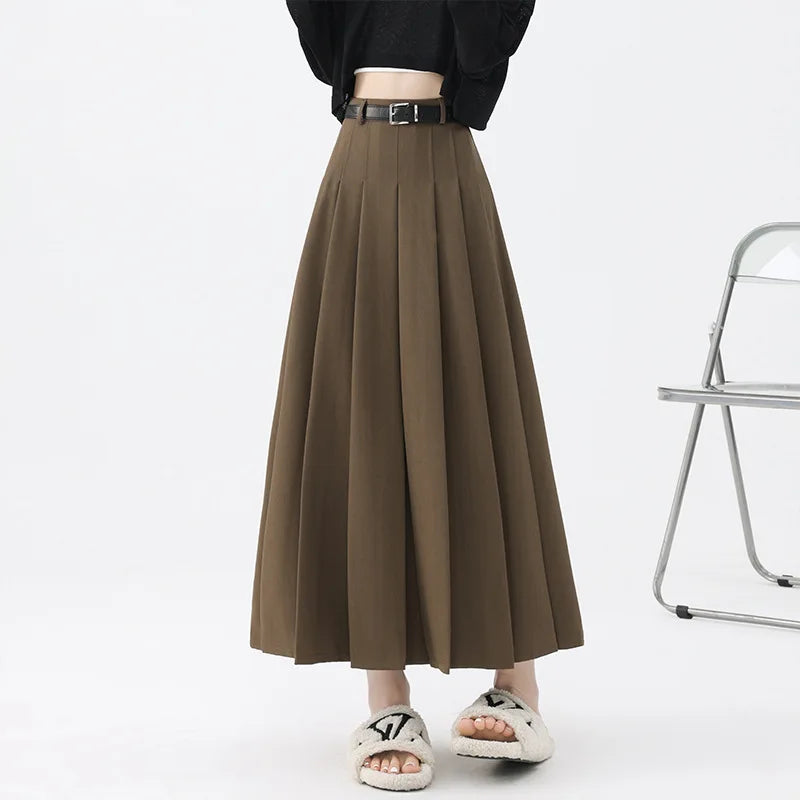 Dark Academia Beige A-Line Skirt - High Waist College