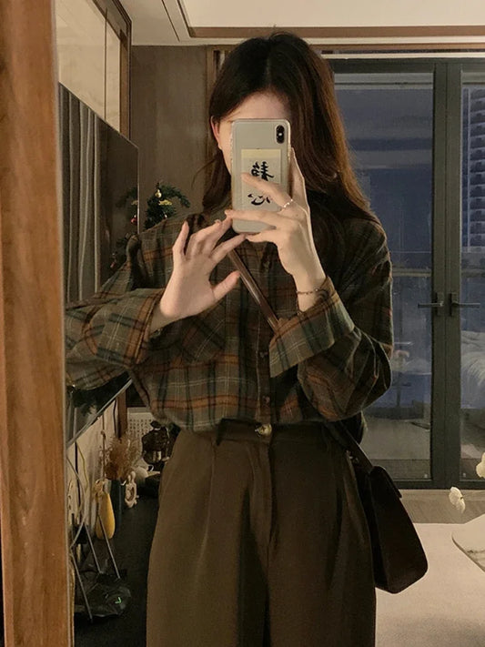 Dark Academia Plaid Shirt - Vintage Long Sleeve