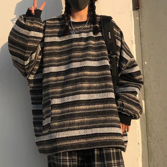 Dark Academia Vintage Striped Sweater - Oversize