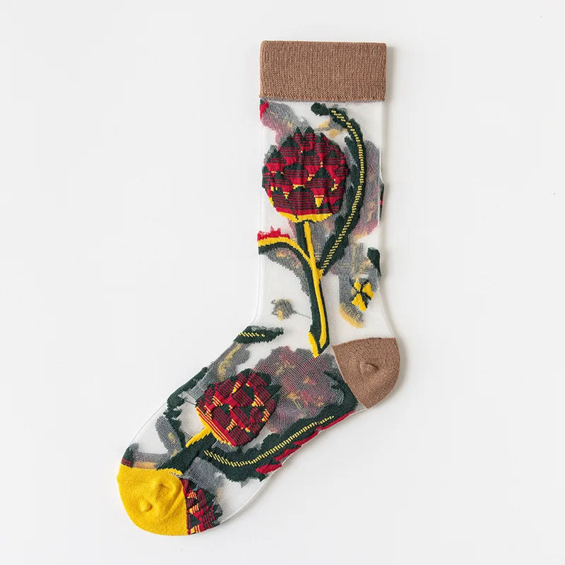 Dark Academia Crystal Glass Silk Mesh Long Socks