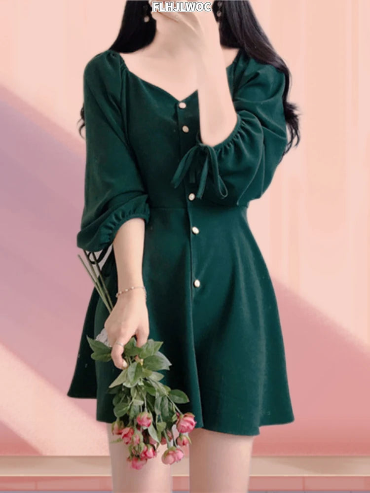Dark Academia A-Line Mini Dress - Button Vintage