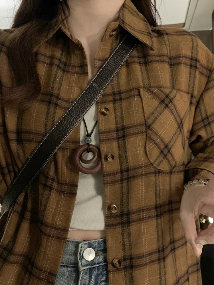 Dark Academia Plaid Shirt - Vintage Long Sleeve