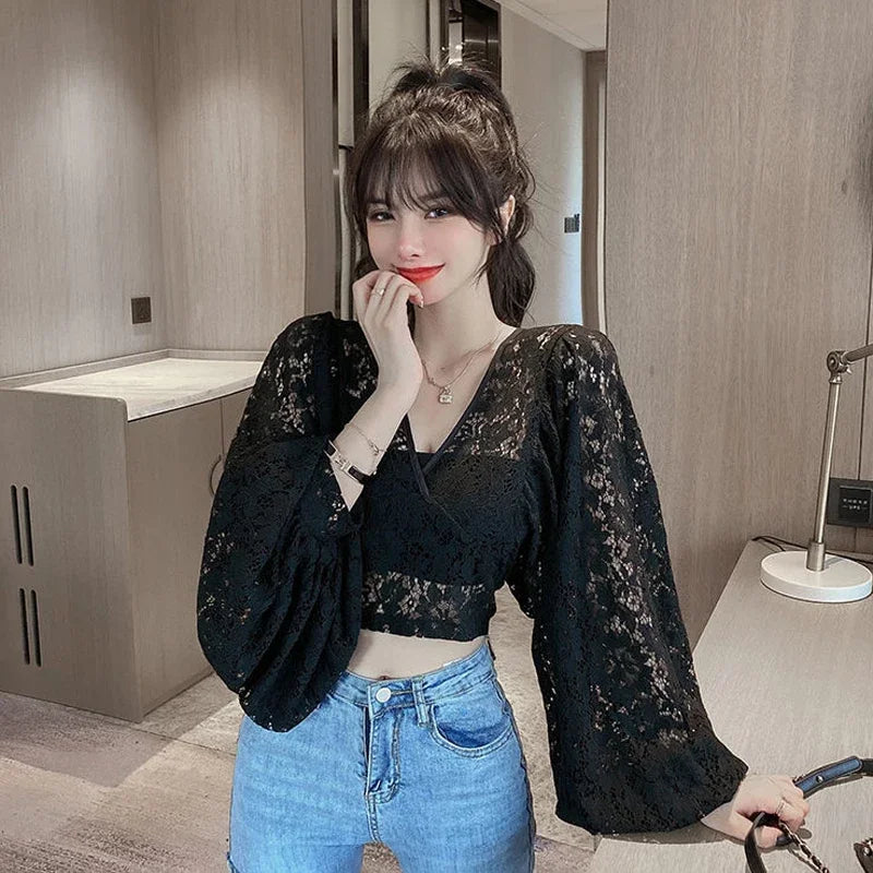 Dark Academia Lace Hollow Blouse - V-Neck Puff