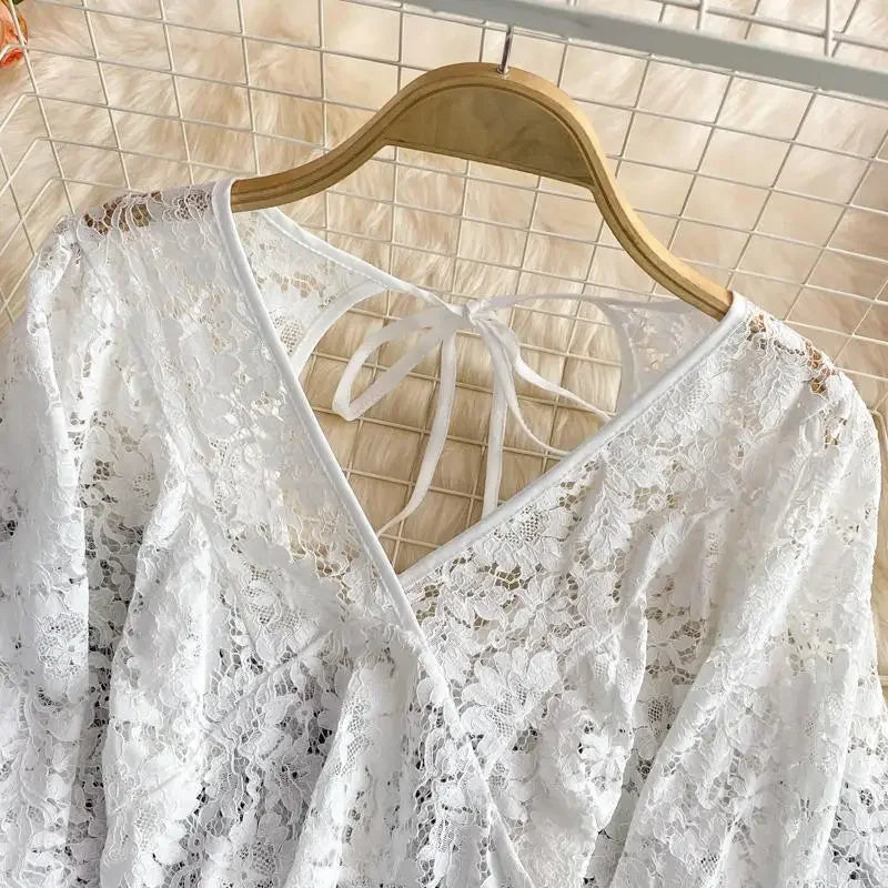 Dark Academia Lace Hollow Blouse - V-Neck Puff