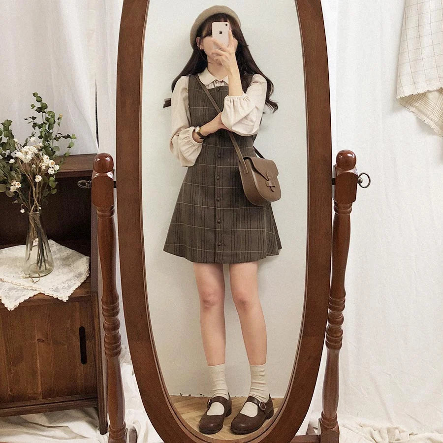 Dark Academia Preppy Plaid Shirt Dress - A-Line Spring