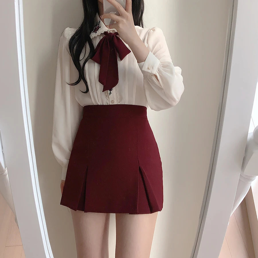 Dark Academia Embroidered Blouse - Sweet Bowknot
