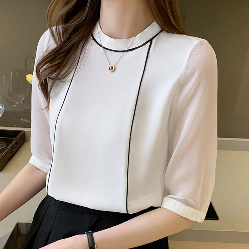 Dark Academia Blue Chiffon Blouse - O-Neck