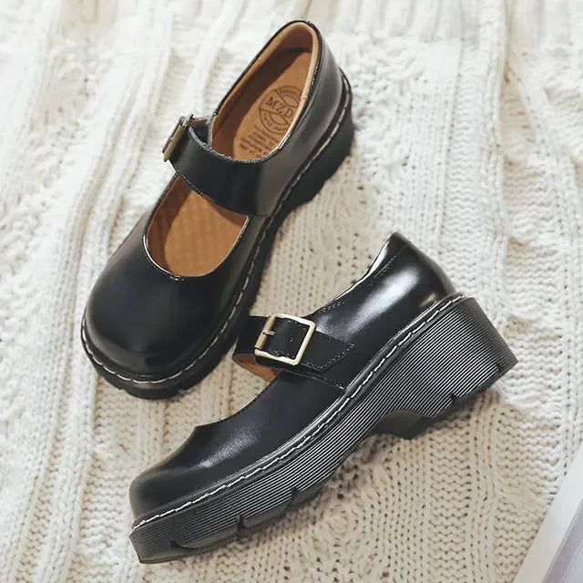 Dark Academia College Shoes - Thick Sole Cowhide