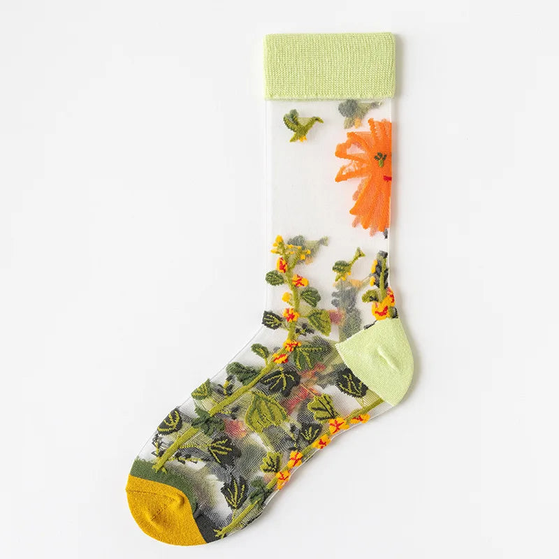 Dark Academia Crystal Glass Silk Mesh Long Socks