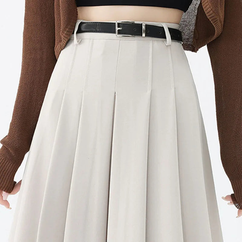 Dark Academia Beige A-Line Skirt - High Waist College