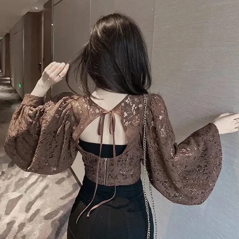 Dark Academia Lace Hollow Blouse - V-Neck Puff