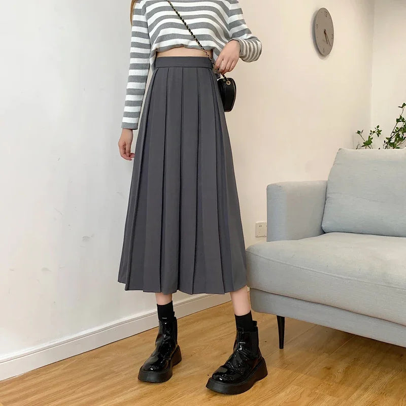 Dark Academia Pleated Midi Skirt - High Waist A-Line Style