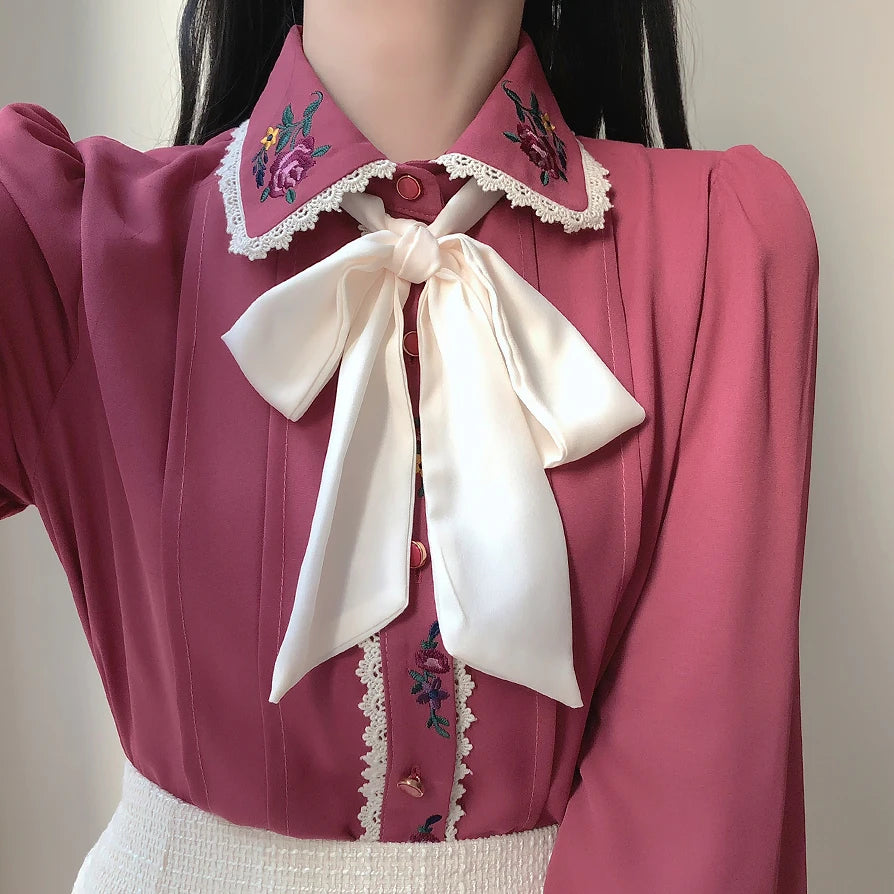 Dark Academia Embroidered Blouse - Sweet Bowknot