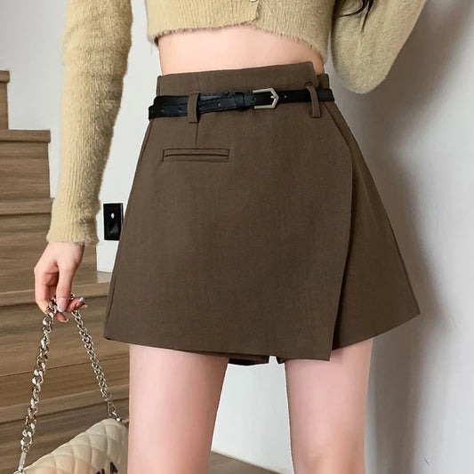 Dark Academia Gray Irregular Shorts - Belt Elegant